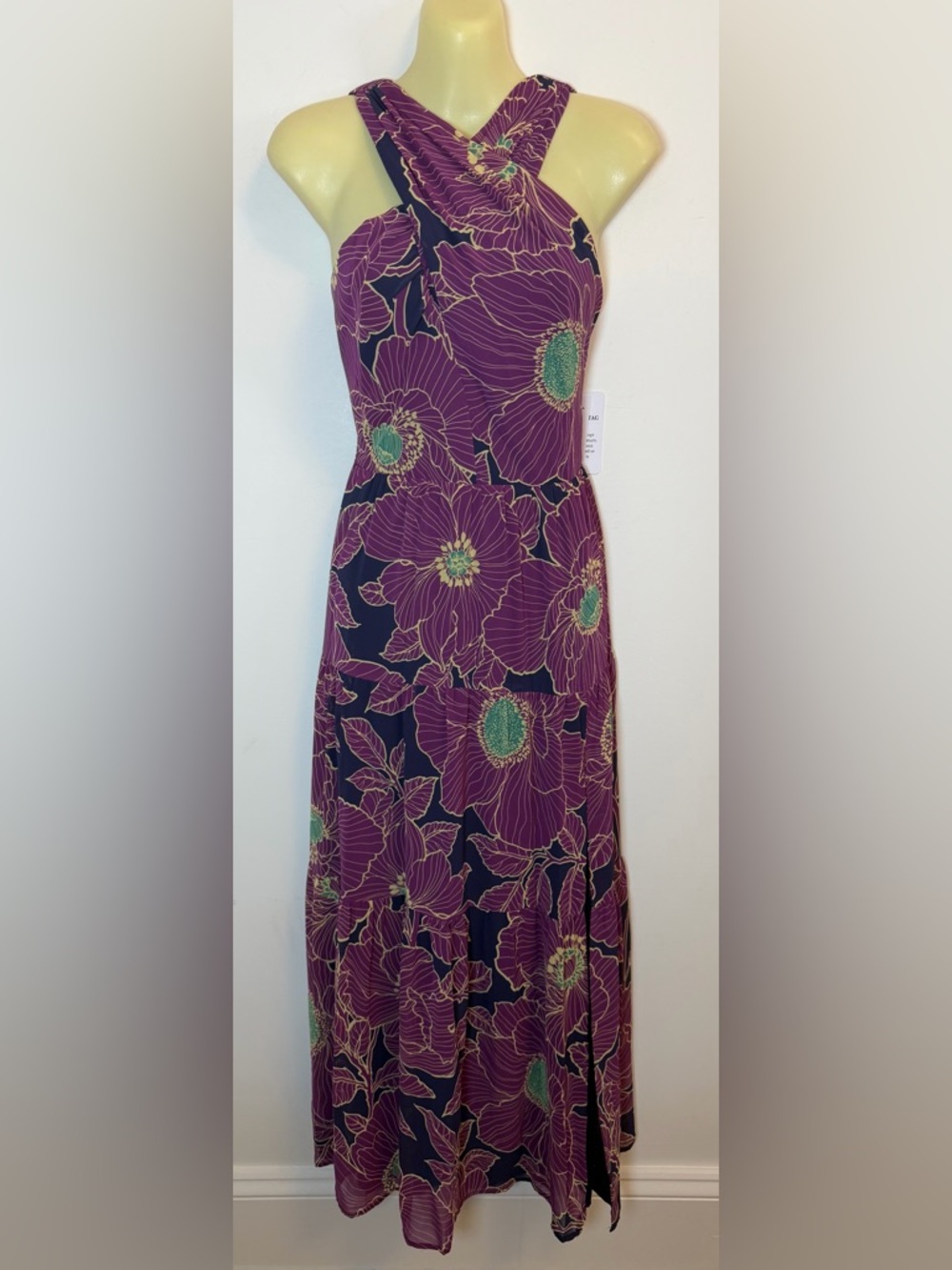 NWT Nicole Miller New York Cross-Front Halter Floral Maxi Dress